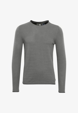Maglietta grigia a maniche lunghe realizzata in tessuto morbido, con scollatura rotonda e finiture nere a contrasto sul colletto e sui polsini.