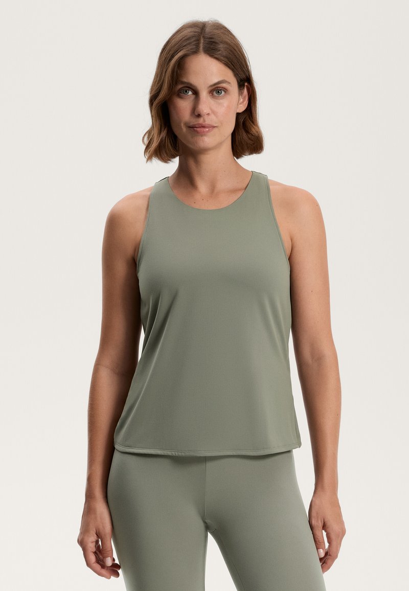 Lightweight, sleeveless athletic tank top in a muted green color. Smooth texture with a round neckline and a relaxed fit.
