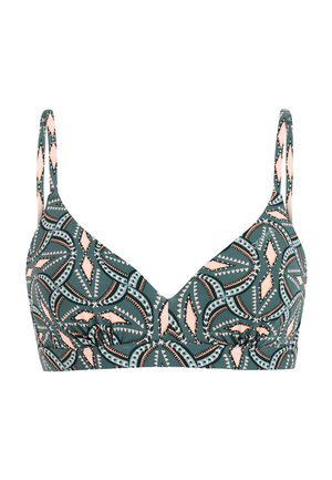 Bikinitop met dunne bandjes, met een geometrisch patroon in donker groen, perzik en lichtgrijze kleuren.