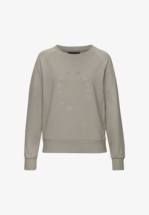 Light gray sweatshirt with a round neckline and long sleeves. Features textured lettering in silver, arranged in a circular pattern.