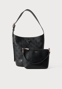 Black leather handbag set, featuring a main bag with embossed logo patterns and a smaller detachable pouch. Gold-tone hardware accents.