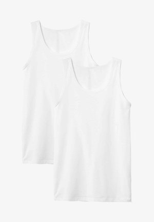 White cotton tank tops featuring a round neckline and wide shoulder straps, with a smooth texture and a simple design. Two pieces included.
