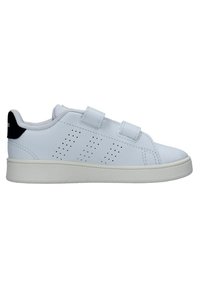 White athletic shoes with a smooth synthetic upper, two Velcro straps, subtle perforations, and a contrasting black heel accent.
