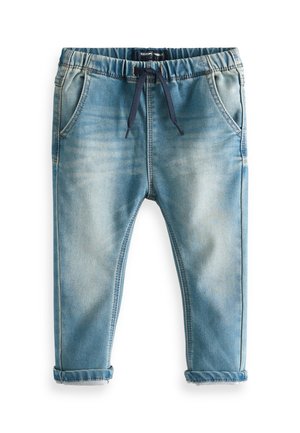 Pantalon jogger en jean bleu clair pour enfants avec taille élastique, cordon de serrage bleu marine, poches avant et revers aux chevilles.