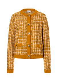 Mosterdgele cardigan met een textuurweefsel, witte ruiten, ronde halslijn, gouden knoopsluitingen en twee voorkeurszakken.