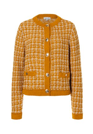 Senfgelber Cardigan mit strukturiertem Gewebe, weißen Karos, rundem Ausschnitt, goldenen Knopfverschlüssen und zwei Fronttaschen.