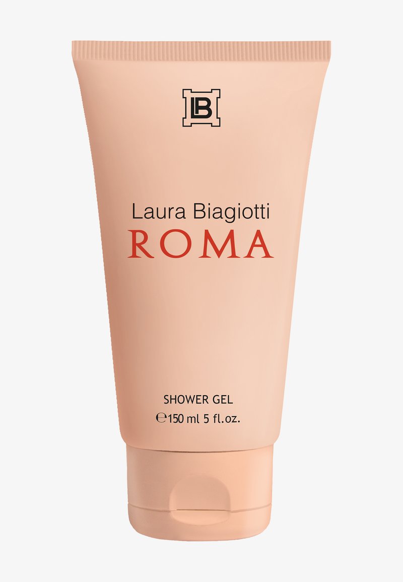 Laura Biagiotti Roma Duschgel-Tube, 150 ml, beige mit schwarzem und rotem Text, mit Kunststoff-Klappdeckel.