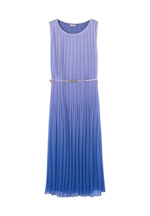 Abito midi plissettato senza maniche con scollo rotondo, sfumatura ombré dal viola al blu e sottile cintura viola chiaro in vita.