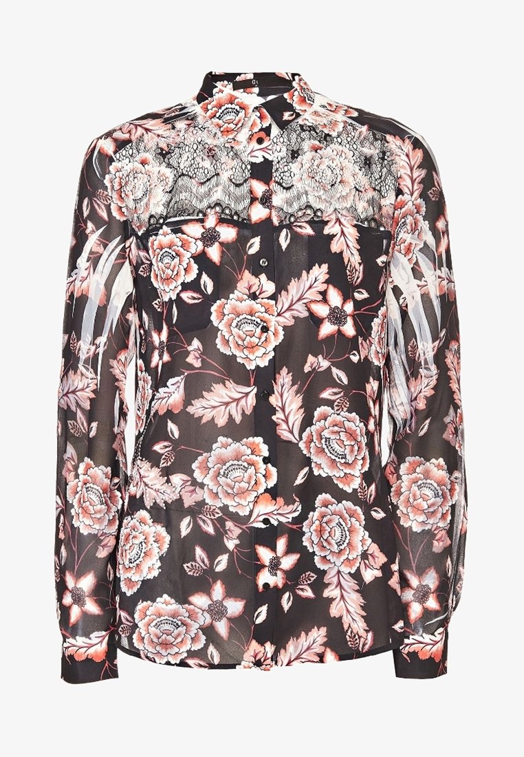 Blouse longue noire transparente à manches longues avec imprimé floral rose et blanc et détails en dentelle sur le haut de la poitrine et les épaules, devant boutonné.