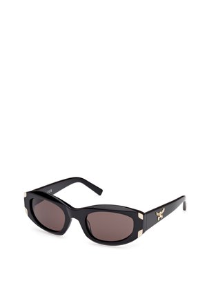 Black sunglasses with rectangular, slightly tapered lenses. Features gold-tone accents at the temples and a smooth plastic frame.