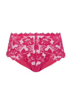 Ropa interior femenina de encaje rosa con patrones florales y bordes en forma de concha, con un diseño semitransparente y tela sólida en el centro delantero.