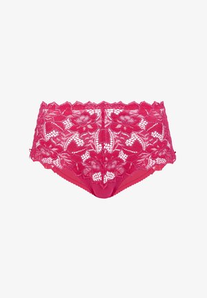 Ropa interior femenina de encaje rosa con patrones florales y bordes en forma de concha, con un diseño semitransparente y tela sólida en el centro delantero.