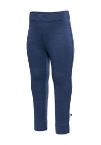 Mörkblå tights i texturerad tyg. Har hög midja och sitter tajt runt benet, slutar strax ovanför ankeln.