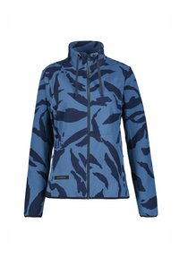 Sininen fleece-takki tummansinisellä kamo-kuviolla, vetskari, korkea kaulus ja säädettävät narut. Pehmeä pinta ja kestävä materiaali.