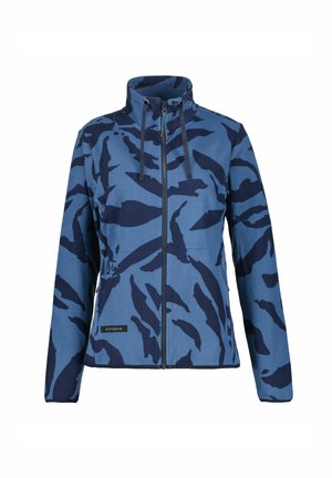 Blauwe fleecjas met een donkerblauw camouflagepatroon, ritsluiting, hoge kraag en verstelbare trekkoorden. Zachte textuur en duurzaam materiaal.
