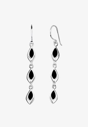 Silver dangle earrings featuring three linked teardrop shapes, each with a black inlay, showcasing a polished finish and smooth texture.