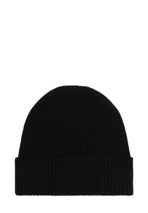 Czarna dzianinowa czapka z prążkowaną fakturą, z podwiniętym mankietem. Prosty design, średnia grubość, idealna na zimne dni.