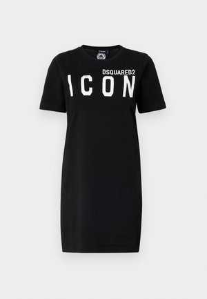 Must musta t-särk-kleit, lühikeste varrukatega, ümar kaelus ja bold valge "DSQUARED2 ICON" tekst ees.