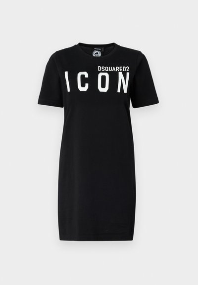 Schwarzes Baumwoll-T-Shirt-Kleid mit kurzen Ärmeln, einem Rundhalsausschnitt und dem auffälligen weißen "DSQUARED2 ICON"-Text auf der Vorderseite.
