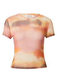 Kurzärmliges T-Shirt aus weichem, elastischem Stoff mit einem Farbverlauf-Tie-Dye-Muster in Pfirsich-, Orange- und dezenten Brauntönen.