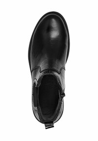 Botine negre până la gleznă, cu un exterior din piele texturată și lucioasă, panou lateral elastic și un detaliu mic cu fermoar pe latura exterioară.