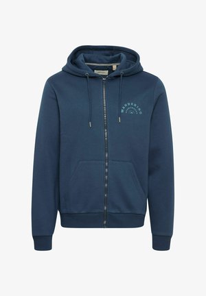 Navy blue zip-up hoodie made of soft fabric, featuring a kangaroo pocket, drawstring hood, and "WANDERING" graphic on the chest.