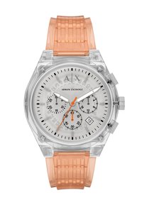 Reloj de plástico transparente con correa de silicona naranja, cara blanca, marcadores horarios negros y subesferas de cronógrafo. Pantalla de fecha a las 6 en punto.