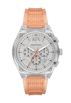 Orologio in plastica trasparente con cinturino in silicone arancione, quadrante bianco, indicatori delle ore neri e sottodial cronografici. Display della data alle 6.