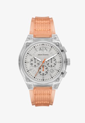 Orologio in plastica trasparente con cinturino in silicone arancione, quadrante bianco, indicatori delle ore neri e sottodial cronografici. Display della data alle 6.