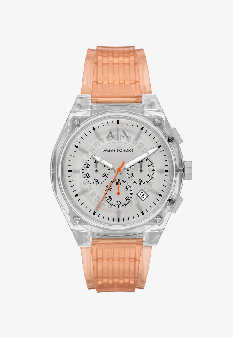 Przezroczysty plastikowy zegarek z pomarańczowym silikonowym paskiem, białą tarczą, czarnymi znacznikami godzin i subtarczami chronografu. Wyświetlacz daty na godzinie 6.