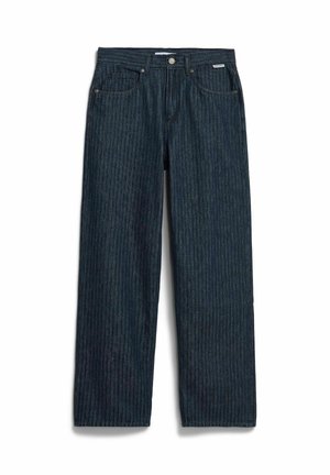 Wijde jeans van donker denim met een verticale geribbelde textuur. Voorzien van vijf zakken en een metalen knoopsluiting aan de tailleband.