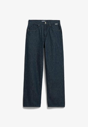 Wijde jeans van donker denim met een verticale geribbelde textuur. Voorzien van vijf zakken en een metalen knoopsluiting aan de tailleband.