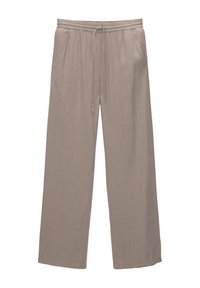 Světle béžové, volné kalhoty s elastickým pasem a šňůrkou. Obsahují dvě boční kapsy a texturovanou tkaninu.