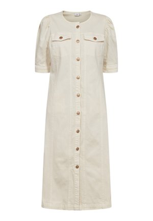 Kreemjas midi-kleit lühikeste tulbikujuliste varrukatega, ees nööpidega sulguv ja kahe rinnataskuga klappide ja nööpidega.