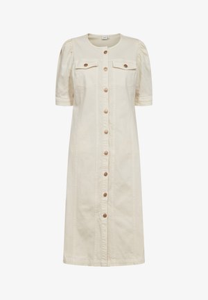 Krémové midi šaty s krátkymi nafúknutými rukávmi, zapínaním na gombíky vpredu a dvoma náprsníkovými vreckami so zapínaním na gombíky.