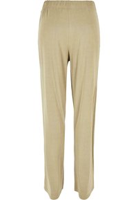Pantalon beige à jambes droites avec une taille élastique, fabriqué en tissu doux et léger, vu de dos.