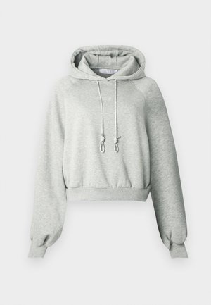 Gray cropped hoodie in soft material, featuring a front kangaroo pocket, drawstring hood, and elasticized cuffs. Embroidered logo on front.