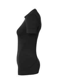 Sort kortærmet polo t-shirt lavet af et glat, strækbart materiale. Tæt design med en rund krave og minimale sømme for et elegant udseende.