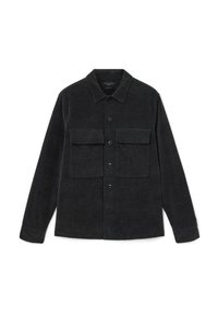 Black corduroy shirt with long sleeves, button-down front, and two chest pockets. Features a classic collar and textured fabric.
