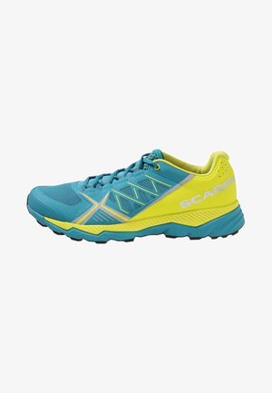 Chaussures de trail légères en teal et jaune. Tige en mesh pour la respirabilité, semelle extérieure en caoutchouc texturé, et accents contrastés.