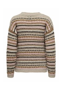 Pull en tricot à rayures horizontales beige, rose, marron et blanc, avec des motifs texturés et un col, des poignets et un ourlet côtelés.