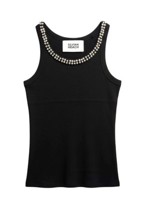 Top nero senza maniche con scollo rotondo ornato da due file di perline d'argento, etichettato Silvian Heach.
