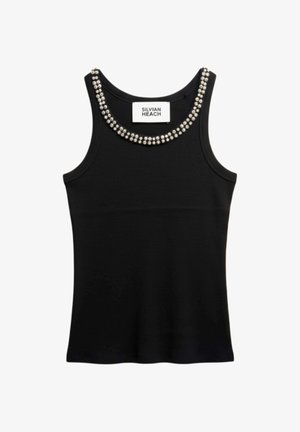 Top nero senza maniche con scollo rotondo ornato da due file di perline d'argento, etichettato Silvian Heach.