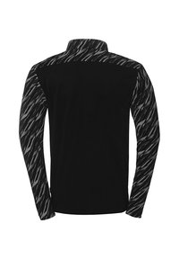 Sorte langærmede skjorte med et struktureret sort og grå mønster på ærmerne og skulderområdet, designet til aktivt brug.