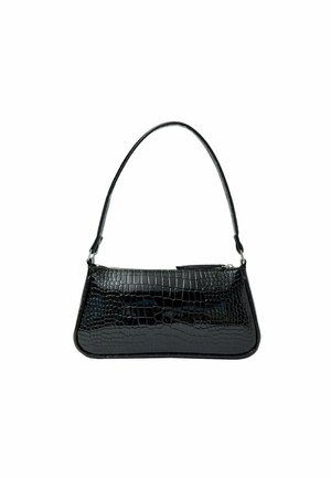 Small black handbag with crocodile pattern texture and a single curved strap, shown against a white background.