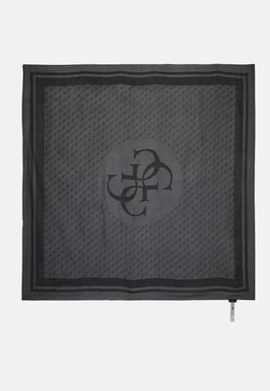 Foulard carré gris foncé avec un motif répétitif de petits logos, un grand logo GUESS entrelacé au centre et une bordure à double ligne.