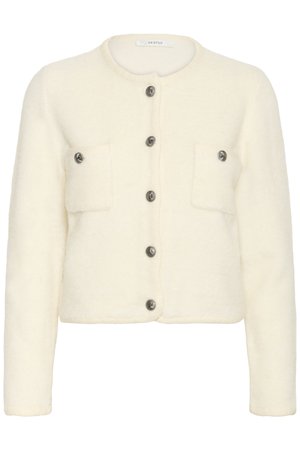 Hvid cropped cardigan lavet af blødt stof med to forlommer, seks knapper og teksturerede detaljer langs kanterne.