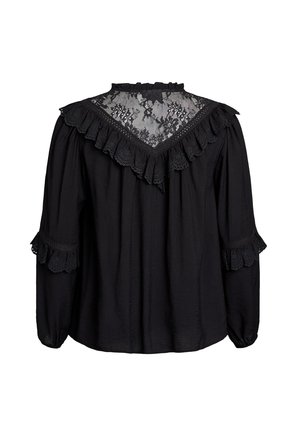 Black long-sleeve blouse with lace yoke, ruffled trim on shoulders and sleeves, and gathered cuffs, shown from the back on a white background.