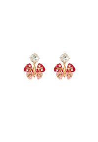 Orecchini a forma di farfalla in tono oro con smalto rosso e rosa, gemme trasparenti e dettagli verdi. Sagomati come farfalle con ali dettagliate.
