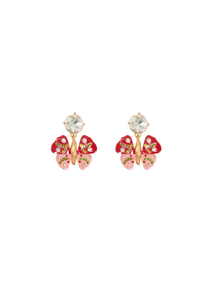 Orecchini a forma di farfalla in tono oro con smalto rosso e rosa, gemme trasparenti e dettagli verdi. Sagomati come farfalle con ali dettagliate.